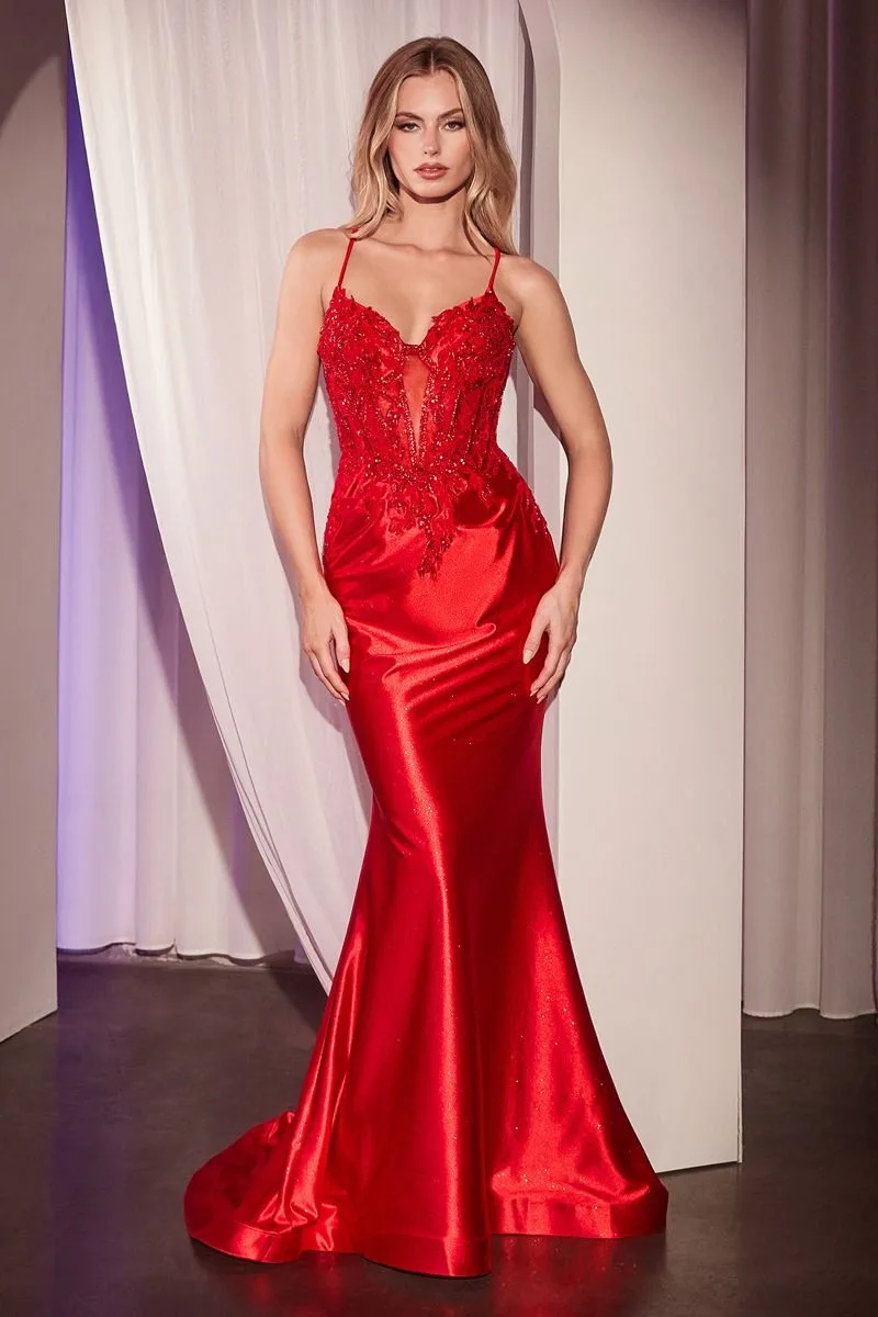 EMBELLISHED LACE & SATIN FITTED GOWN CC2401