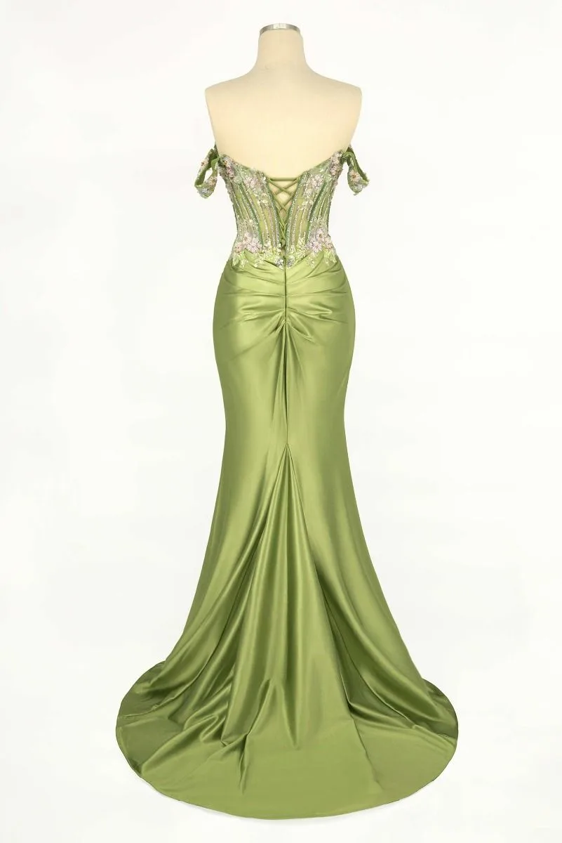 OFF THE SHOULDER FLORAL BEADED & SATIN GOWN