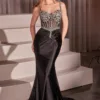 CRYSTAL EMBELLISHED FITTED SATIN DRESS CD757