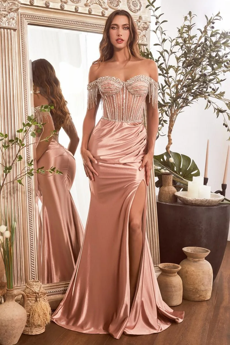 EMBELLISHED OFF THE SHOULDER SATIN GOWN CD821