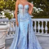 STRAPLESS GLITTER PRINTED GOWN & OVERSKIRT CM384