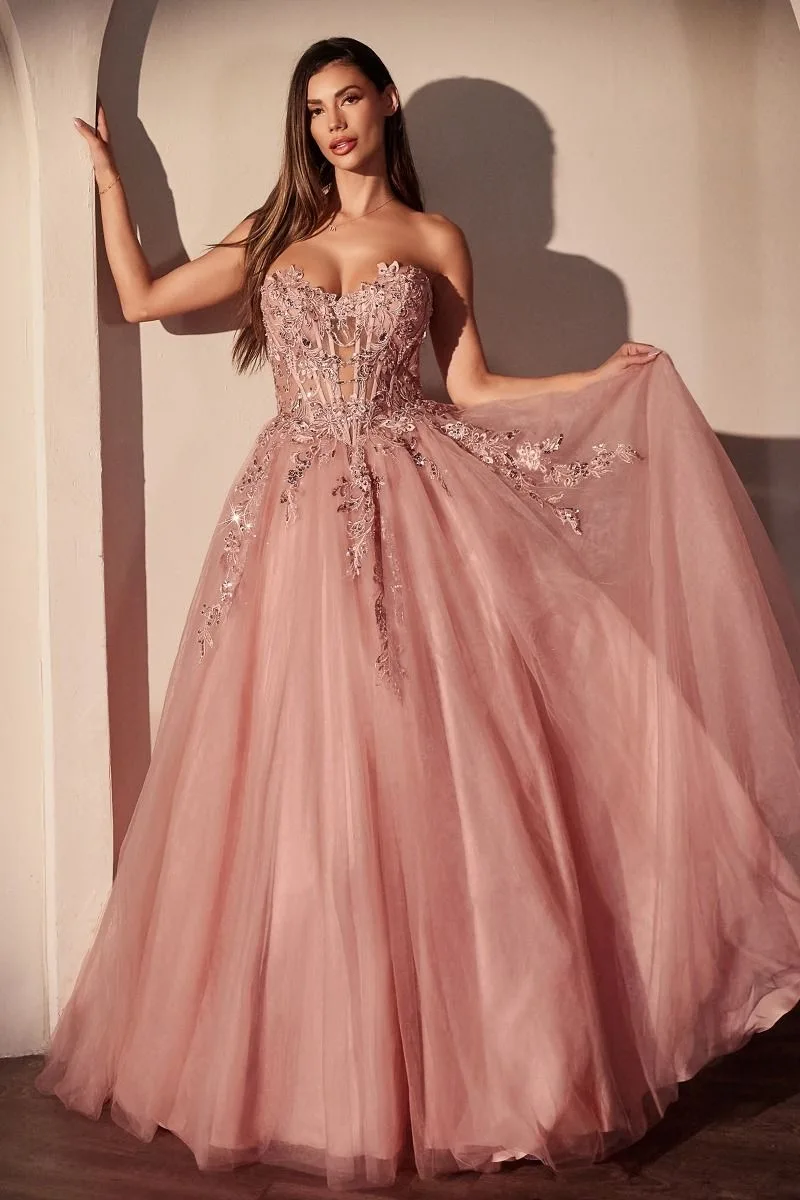 STRAPLESS PINK BALL GOWN WITH FLORAL APPLIQUE CDS536