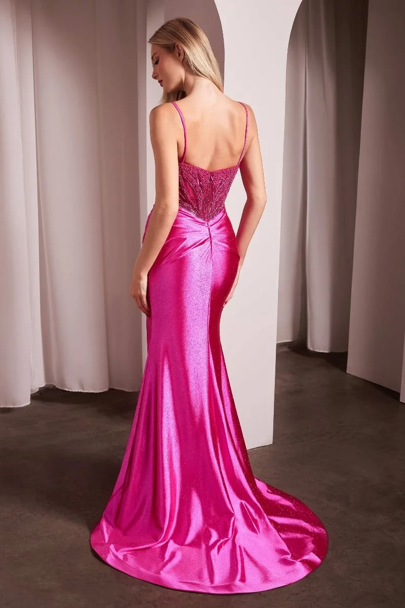 PEARL EMBELLISHED STRETCH SATIN GLIMMERING GOWN CC0238