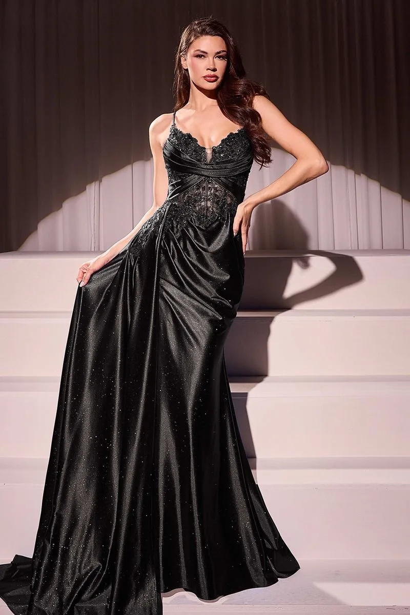 FITTED SATIN & LACE EVENING GOWN CDS524