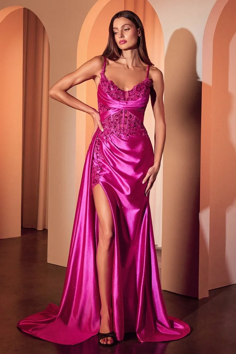 FITTED SATIN & LACE EVENING GOWN CDS524