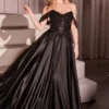 OFF THE SHOULDER LACE & SATIN A-LINE DRESS CDS525