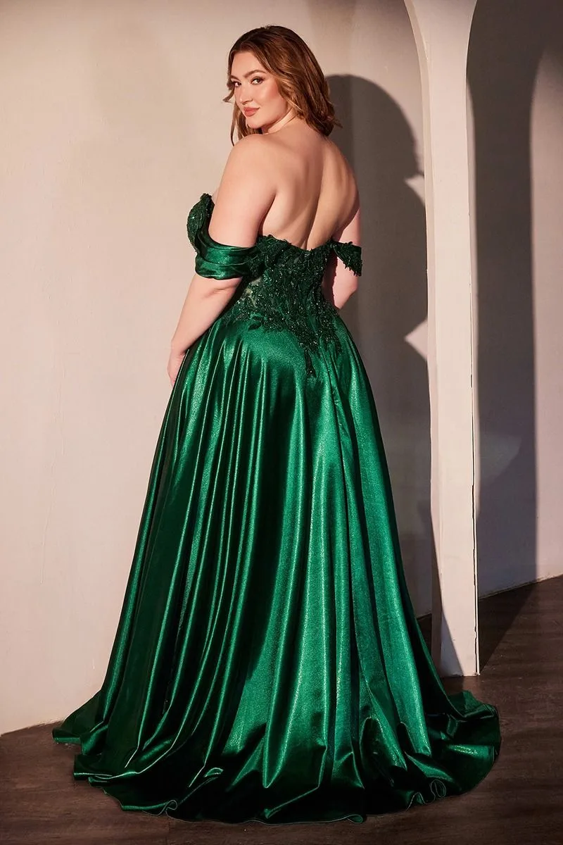 OFF THE SHOULDER LACE & SATIN A-LINE DRESS CDS525