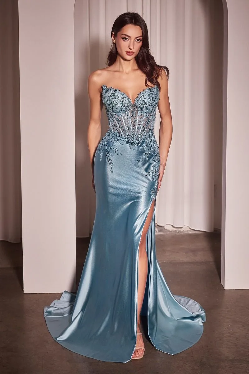 SATIN & LACE STRAPLESS FITTED GOWN KV1112